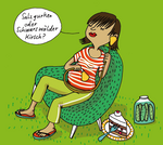 titelbild vom Leporello Bauchentscheidungen, wissen was jetzt gut ist. eine schwangere Frau sitzt gemütlich in einem Sessel, und überlegt, ob sie saure Gurken oder lieber eine Torte essen möchte